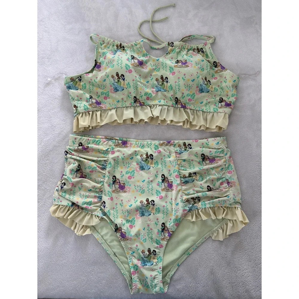 Disney Hot Topic Princess Floral Ruffle High Waisted Bikini Set Green Yellow